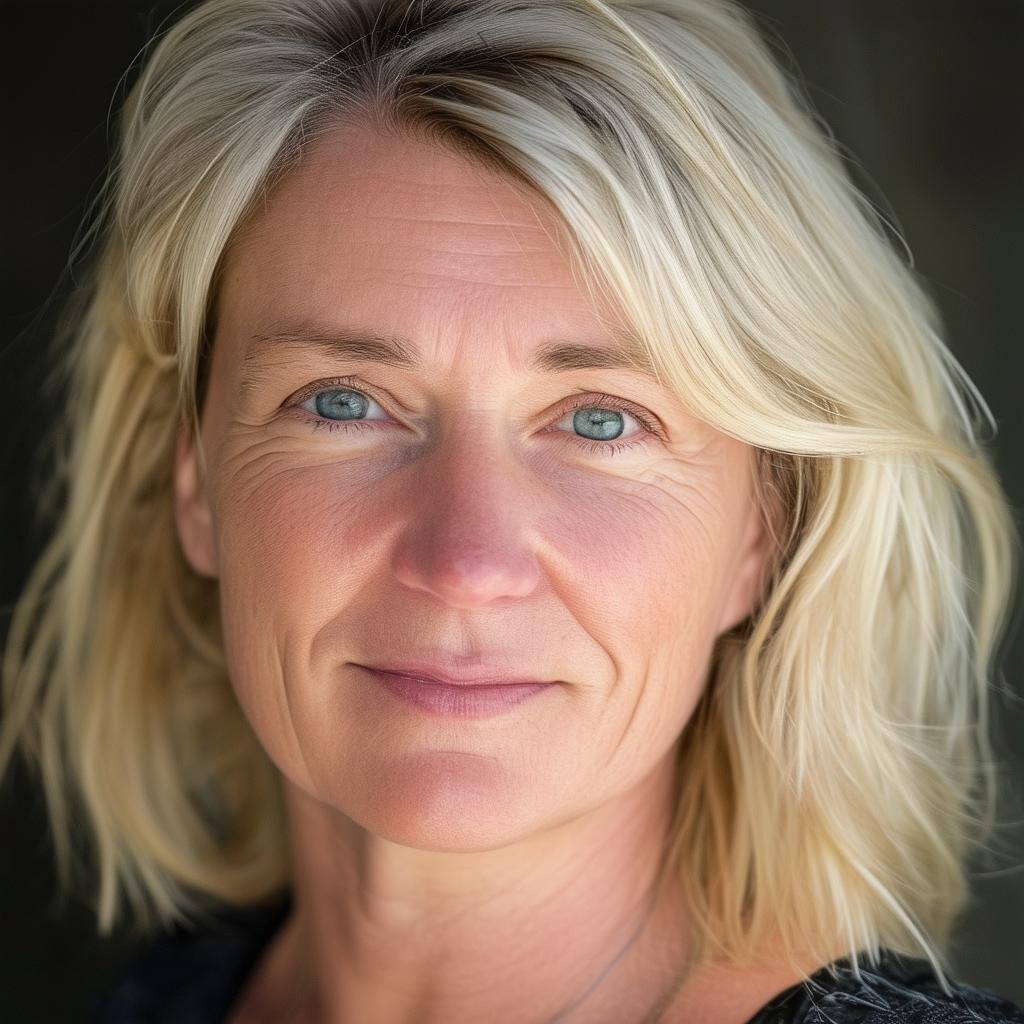 a headshot image of a blonde middle aged female